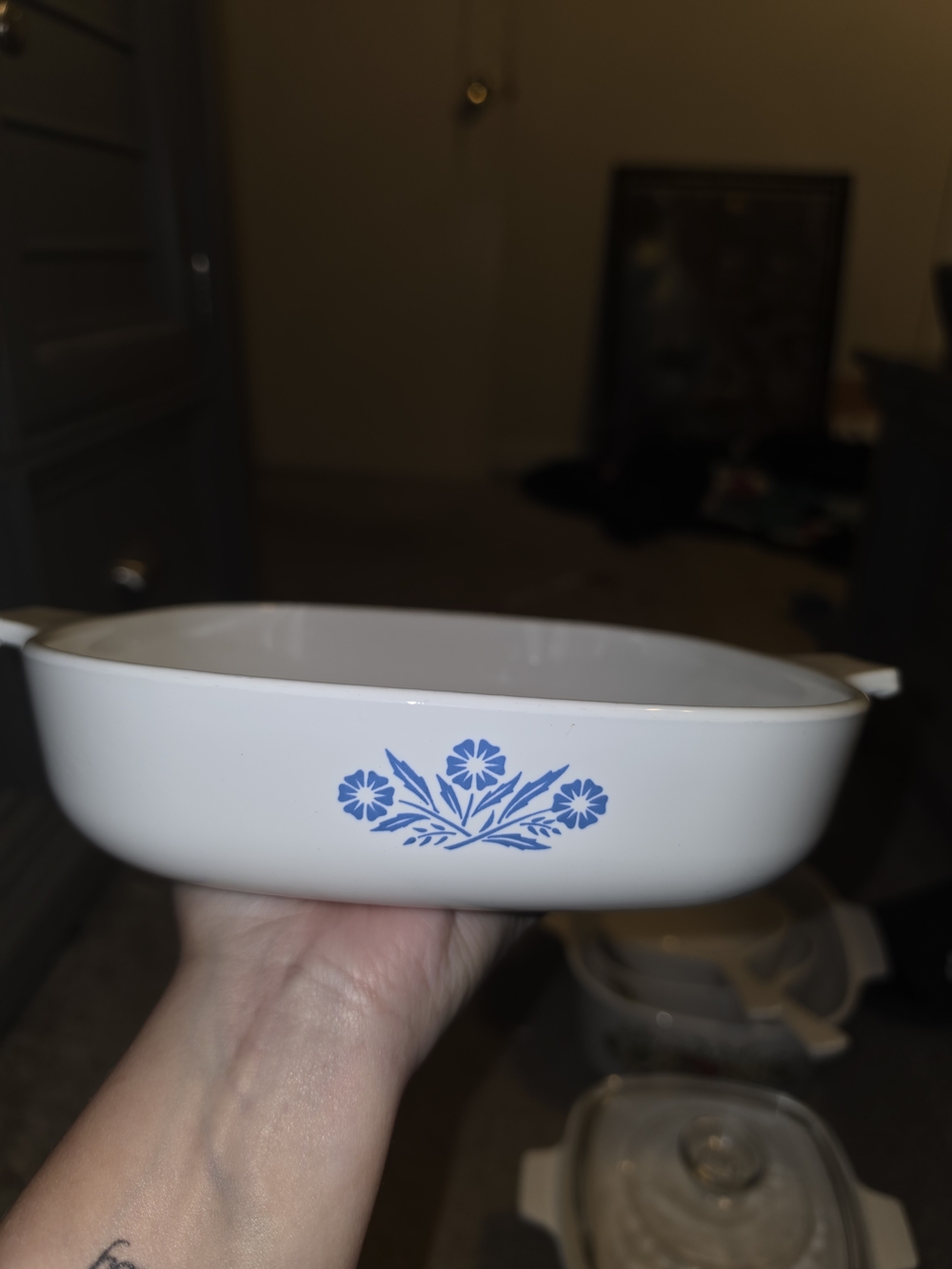 Corningware White Ceramic Casserole with Blue Floral Pattern
